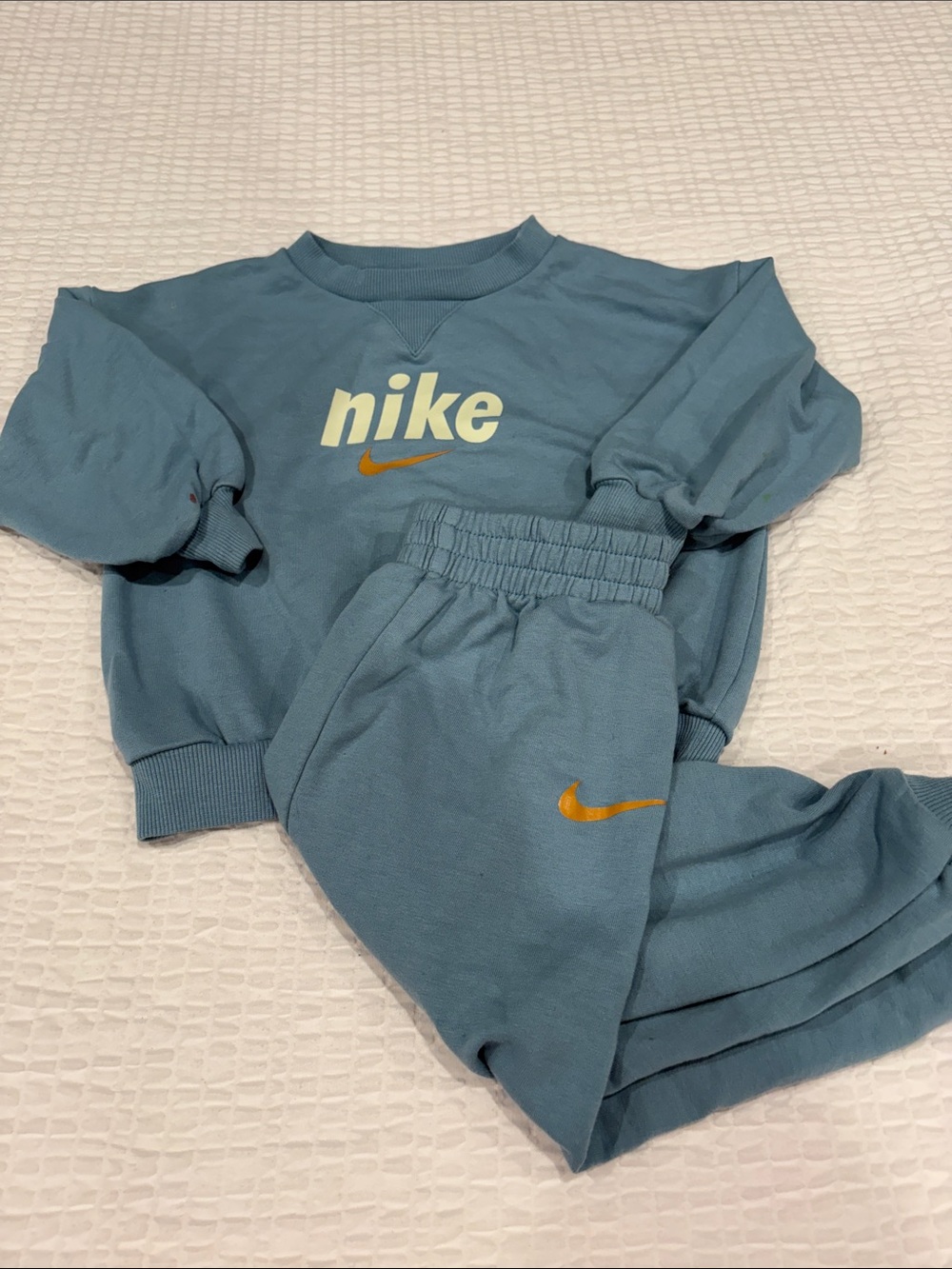 Nike Infant Dusty Teal Sweatshirt & Joggers with Gold Swoosh
Size 24 months